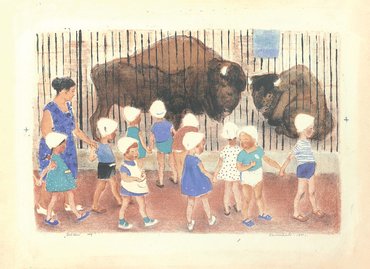 Клара Ивановна Калинычева. Цветная автолитография «Зубры. Детский сад» из серии «Зоопарк»